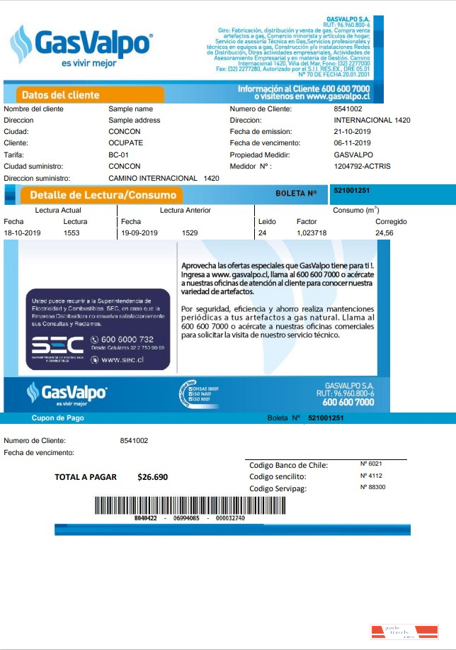 Chile GasValpo utility bill